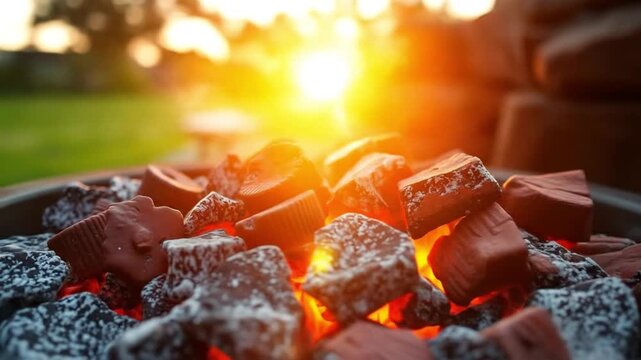 Glowing charcoal briquettes with sunlight perfect for outdoor cooking