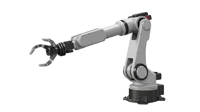 A robotic arm, rendered in gray tones, extends outward with a claw. It is mounted on a black base against a white backdrop