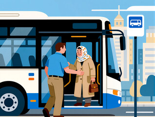 Warm greeting at the bus stop on a sunny city day