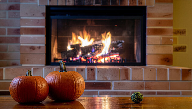 Cozy Fireplace Scene with Roaring Fire and Autumn Pumpkin Decorations - Powered by Adobe