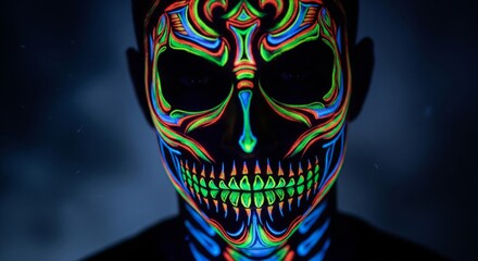 Close Up Portrait of Person with Neon Skull Face Paint in Darkness