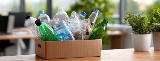 Recycling plastic bottles and containers in a modern workspace promotes environmental sustainability and encourages responsible waste management practices