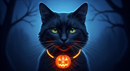 Black Cat with Glowing Pumpkin Necklace Against Spooky Tree Silhouette in Dark Teal Backdrop