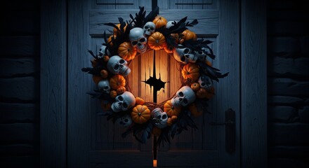 Ornate Halloween Wreath with Skulls Pumpkins and Black Leaves on Textured Dark Door