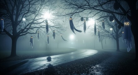 Eerie Dark Foggy Park with Ghosts Hanging from Bare Trees Under Streetlights at Night