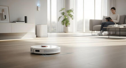 Modern Smart Home Living Room with Robotic Vacuum