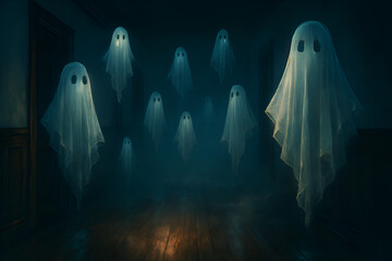 A haunting group of glowing-eyed sheet ghosts mysteriously drifts through a dimly lit, fog-filled, and abandoned corridor, creating a spooky atmosphere.