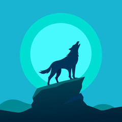 Lone wolf howling at the moon on a rocky cliff silhouette