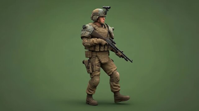 3D Animated Soldier in Full Combat Gear Walking Cycle.