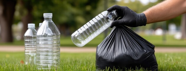Hands wearing gloves pick up a plastic water bottle and place it in a black garbage bag at a park during a clean-up event in the afternoon