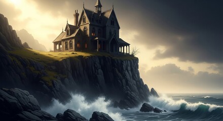 Pixelated Gothic Mansion on Cliffside with Crashing Waves at Dusk