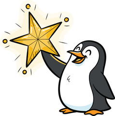 Cute cartoon penguin holding glowing golden star with joyful smile winter holiday celebration illustration isolated on white background