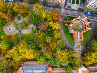 Aerial view of Barbican (Barbakan) and Matejko Square, Krakow, Poland
