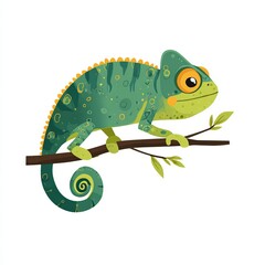 A vibrant chameleon perches gracefully on a branch, blending seamlessly with its surroundings