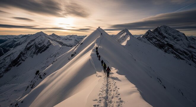 Snowy Mountain Ridge with Hikers Under Cloudy Orange Sunset Sky
