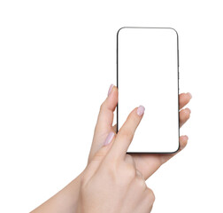 Woman holding smartphone with blank screen on white background, closeup