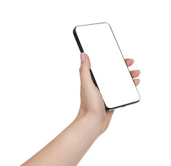 Woman holding smartphone with blank screen on white background, closeup
