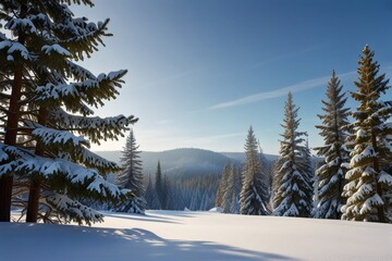 Obraz premium A serene winter landscape featuring snowcovered fir trees and distant mountains under a clear blue sky view