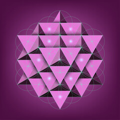 Spiritual Flower of Life, Yantra Mandala, neon effect seed of life, 3D Sacred Geometry, bright symbol of harmony and balance. Mystical talisman, vector isolated on purple background