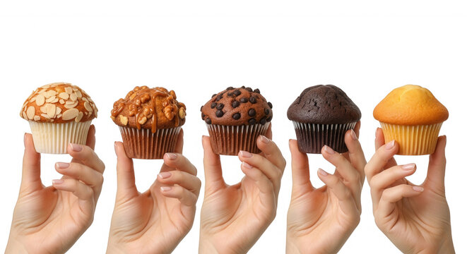 Assorted cupcakes held by hands isolated on a transparent background