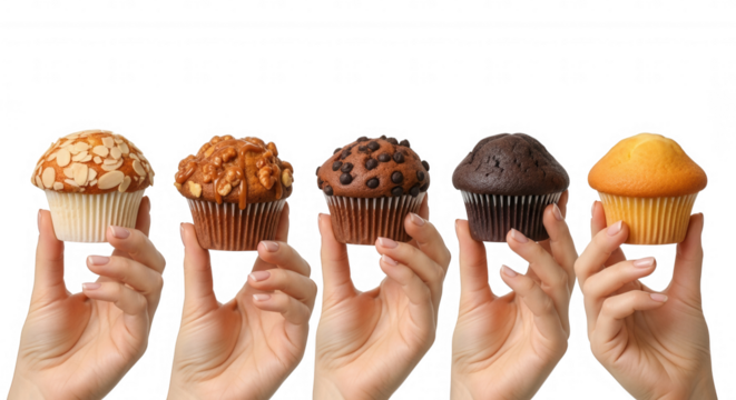 Assorted cupcakes held by hands isolated on a transparent background