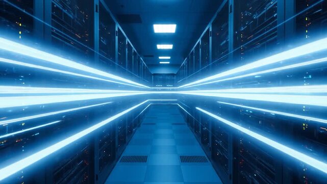 A long, dark hallway is flanked by server racks. Glowing blue streaks shoot down the aisle, suggesting data transfer. The scene is bathed in cool blue light