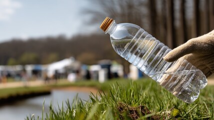 Community volunteers clean up a park by collecting plastic bottles near the water on a sunny afternoon in springtime