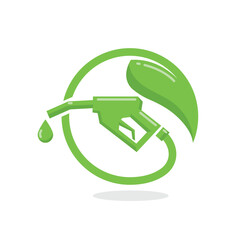 Green fuel logo showing eco friendly gasoline nozzle with leaf and droplet symbolizing sustainable and clean energy concept.