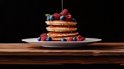 Fluffy pancakes drizzled with golden syrup and topped with fresh berries create a comforting scene in an elegant setting
