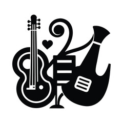 Black silhouette of acoustic and electric guitars with heart and musical notes instrument