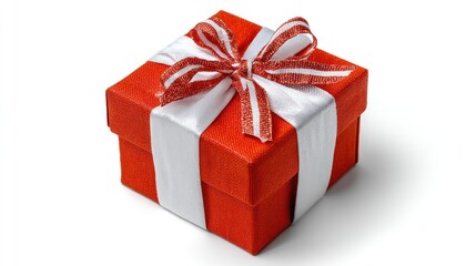 Fototapeta premium A beautifully wrapped red gift box with a shiny white ribbon sits ready for celebrations and special moments, adding joy to any event