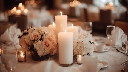 Elegant wedding reception table setting with candles and floral centerpieces