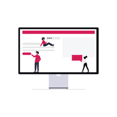 Flat illustration of people interacting with user interface elements on a computer screen, representing web design, UI UX, teamwork, and digital collaboration.