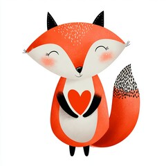 An adorable cartoon fox holding a heart, showcasing a sense of love and joy. The fox with a cheerful expression, radiates warmth and affection