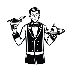 A smiling man in a tuxedo vest and bow tie holds food waiter server