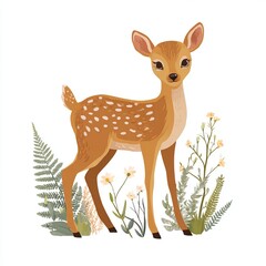 An adorable cartoon deer in a field of flowers