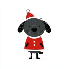 Cute black puppy wearing a red christmas costume for the holiday season. The puppy wears a Santa hat and a red coat