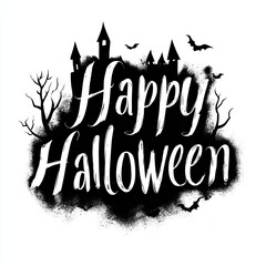 A spooky Happy Halloween greeting with a haunted castle and bats, perfect for a festive season