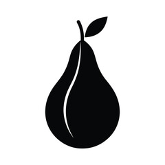 Black silhouette of a pear with a stem and leaf on white background fruit