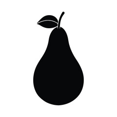 Black silhouette of a pear with a stem and leaf on a white background fruit