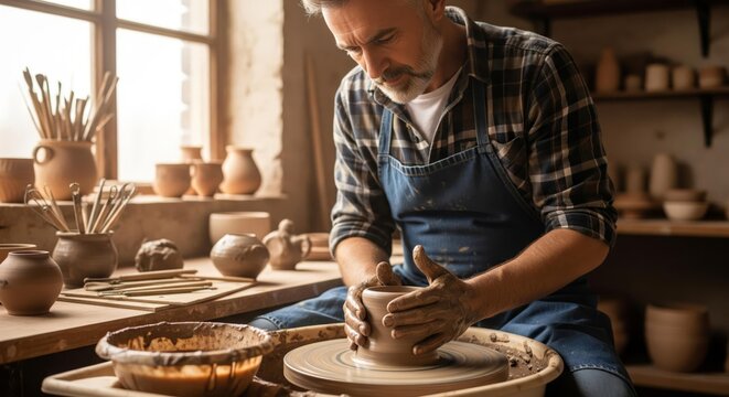 Potter Shaping Clay on Wheel in Workshop