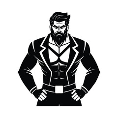 Black and white illustration of a muscular man in a suit with a beard male figure