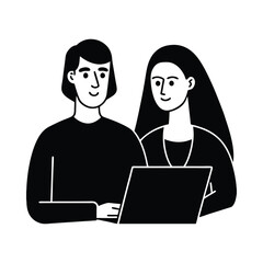 Two people looking at a laptop computer in a simple graphic illustration woman