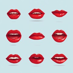 Set of expressive and shiny red lips on light blue background. Different shapes of mouth with vivid lipstick