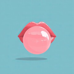 A vibrant close-up of pink lips blowing a bubblegum bubble against a bright blue backdrop. The playful and pop art style