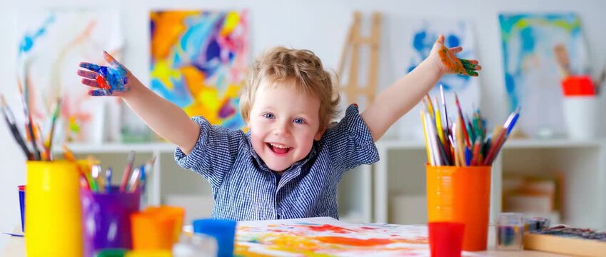 A happy youngster with down syndrome is surrounded by art tools, holding a vibrant painting, and enjoying uniqueness and creativity.