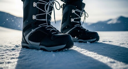 Close Up of Black Snowboarding Boots on Snowy Surface with Mountains in Background
