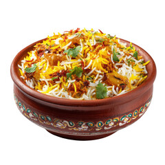 A flavorful mound of traditional biryani rice garnished with fresh herbs and crispy fried onions served in a rustic hand-painted clay pot