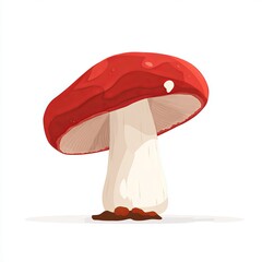 A close-up view of a vibrant red mushroom, with a detailed illustration style, stands out on its own. The mushroom shows its smooth cap and solid stalk, indicating freshness.