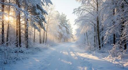 Fototapeta premium Snowy Forest Path Through Trees on a Bright Sunny Winter Day with Golden Sunlight